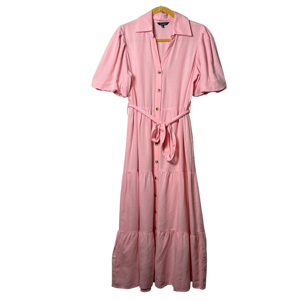 Cassee's Maxi Dress Size M Pink Cotton‎ Linen Short Puff Sleeve Belted Tiered